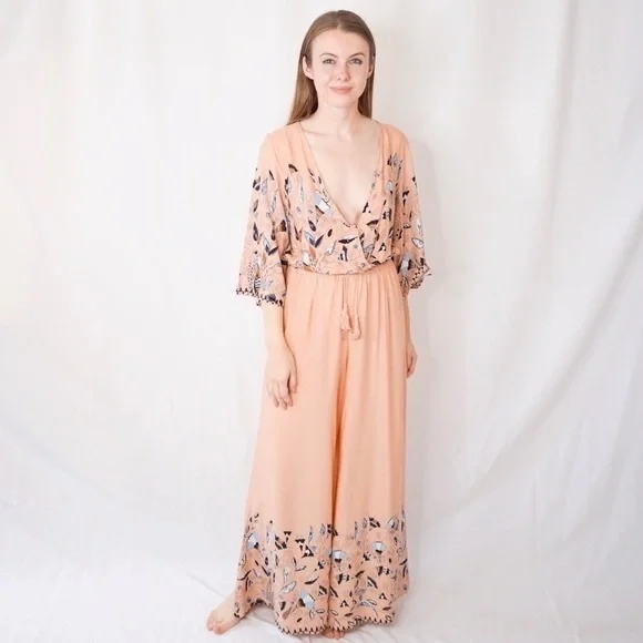Jaase Pants - Jaase Blush and Blue Leaf Print Jumpsuit